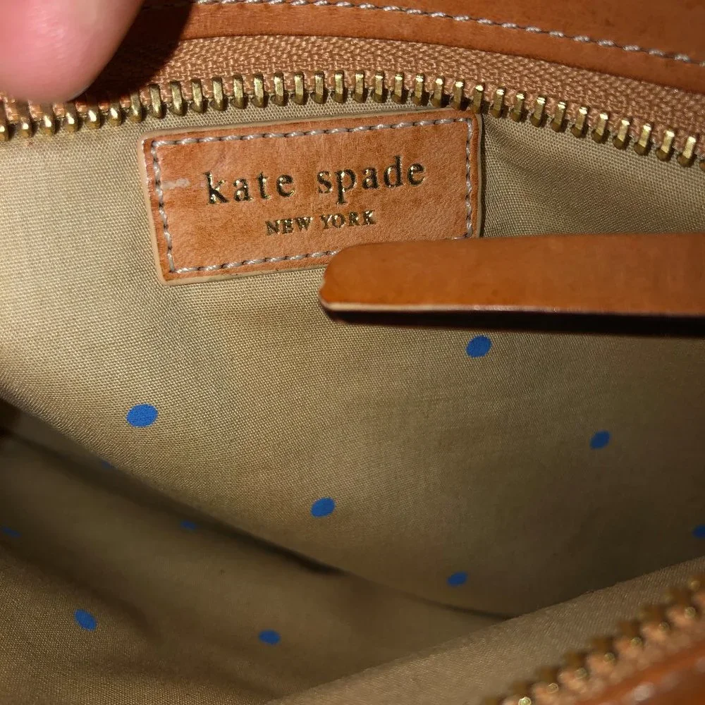 Kate Spade blue green Beach Ball stripe Leather trim zipper pouch bag 8x…